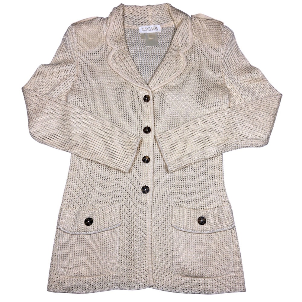 Escada Margaretha Ley Vintage Knit Blazer Cardigan 80's Cream Beige Mesh Size 34